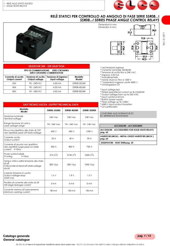 Elco Phase Angle Control, Solid State Relays - SSR08 I Series