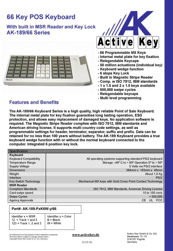 Active Key AK-189 66 Key POS Keyboard with MSR Reader & Key Lock