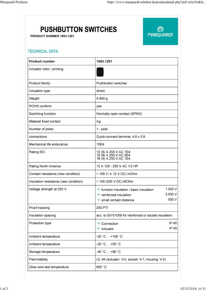 Marquardt Single & Double Pole Pushbutton Switches - Series 1683