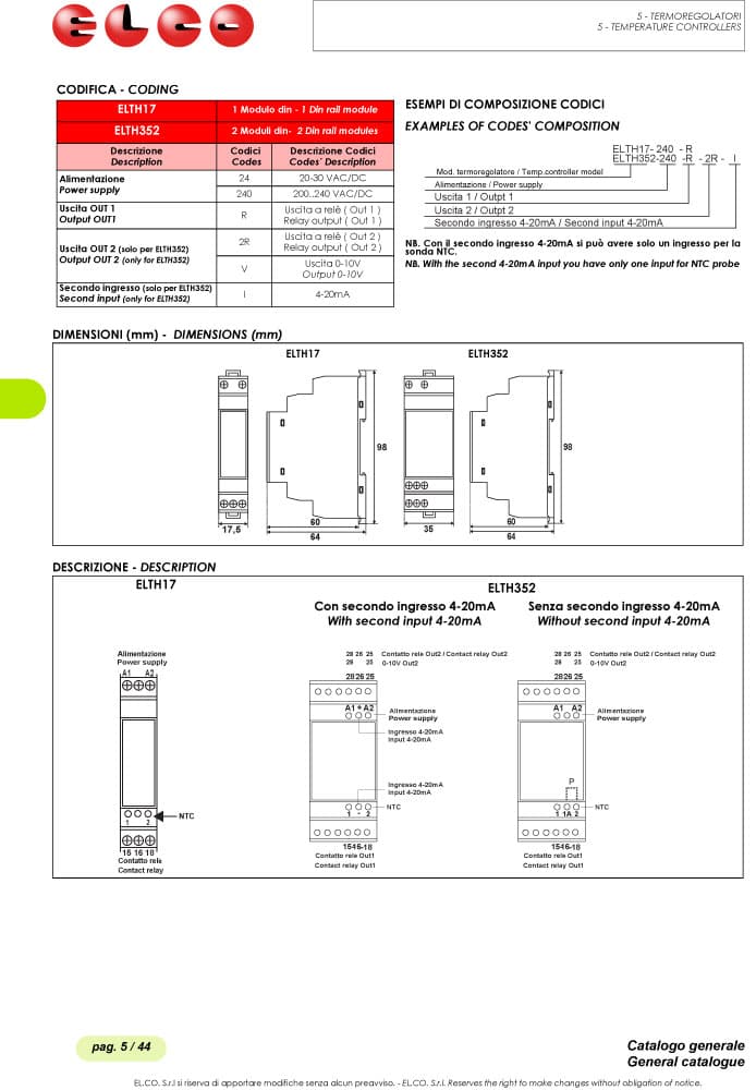 Elco Digital Electronic Temperature Controllers - ELTH17, ELTH352 Series