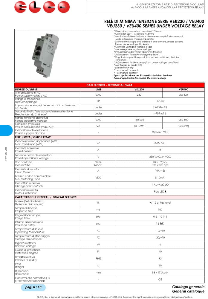 Elco Under Voltage Relay - VEU230, VEU400 Series