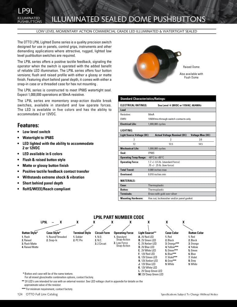 OTTO LP9L Illuminated, Sealed Low Level Pushbutton Switch Range