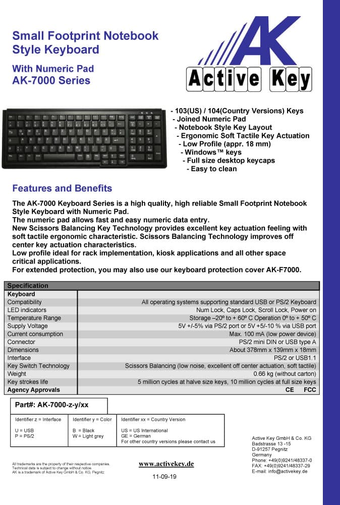 Active Key AK-7000 Small Footprint Notebook Style Keyboard