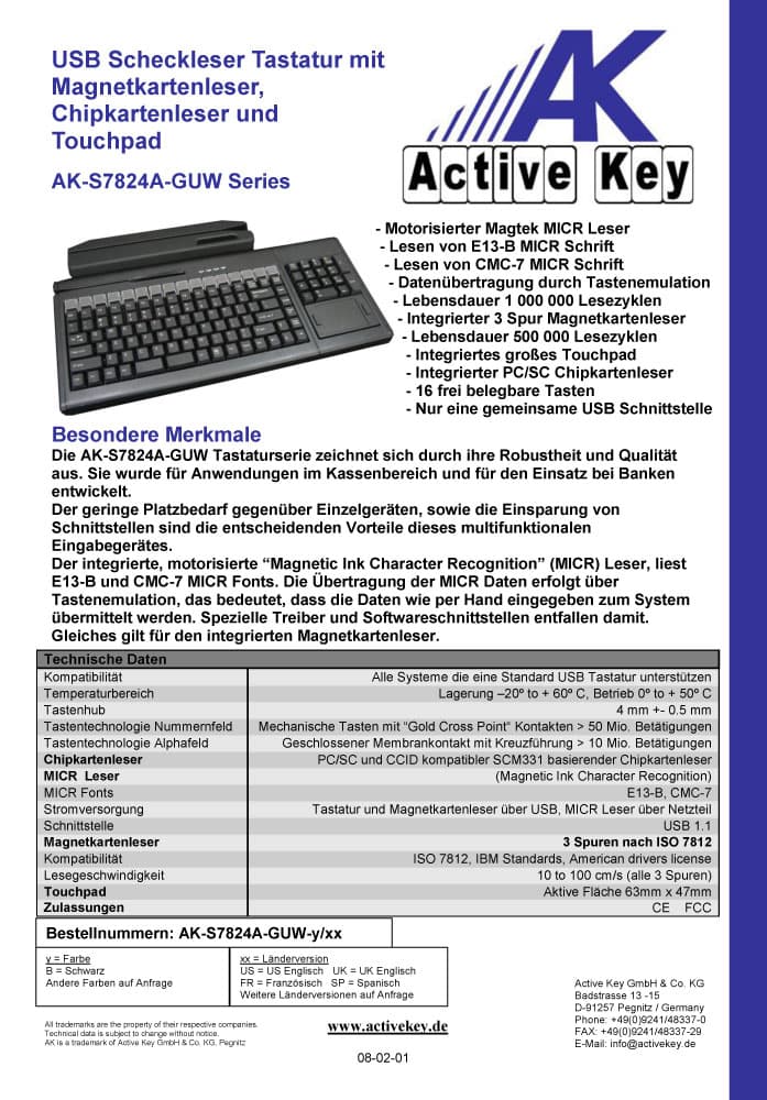 Active Key AK-S7824A-G MICR Reader Keyboard with Magnetic Stripe Reader Smart Card Reader & Touchpad