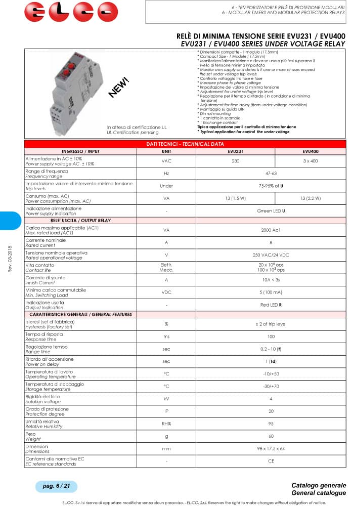 Elco Under Voltage Relay - EVU231, EVU400 Series