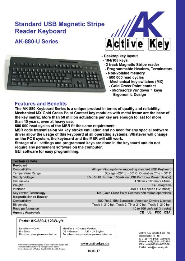 Active Key AK-880 Standard USB Magnetic Stripe Reader Keyboard